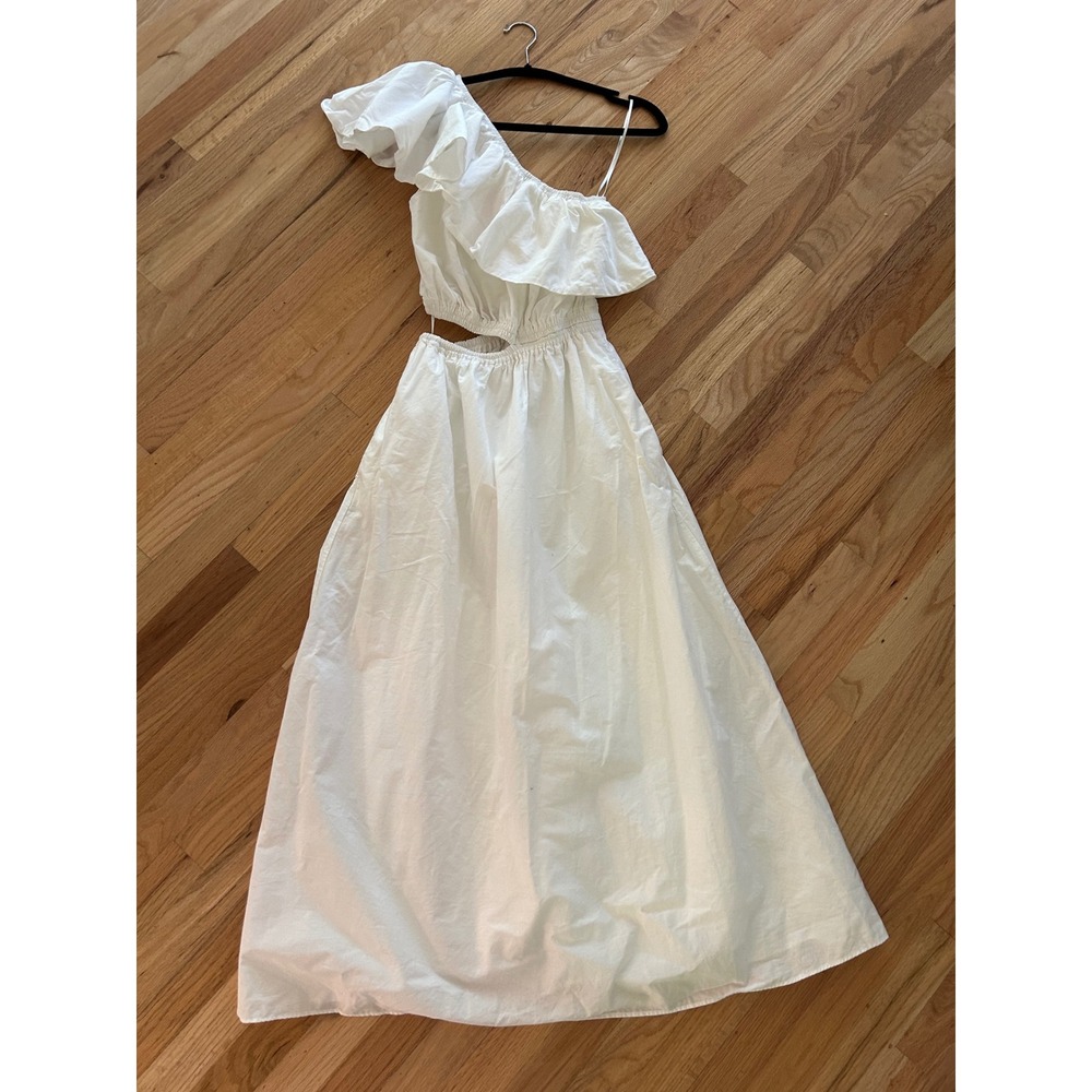 MNG Mango One Shoulder Cutout Maxi Dress Women Small 4 White Cottagecore Cotton - Picture 1 of 7